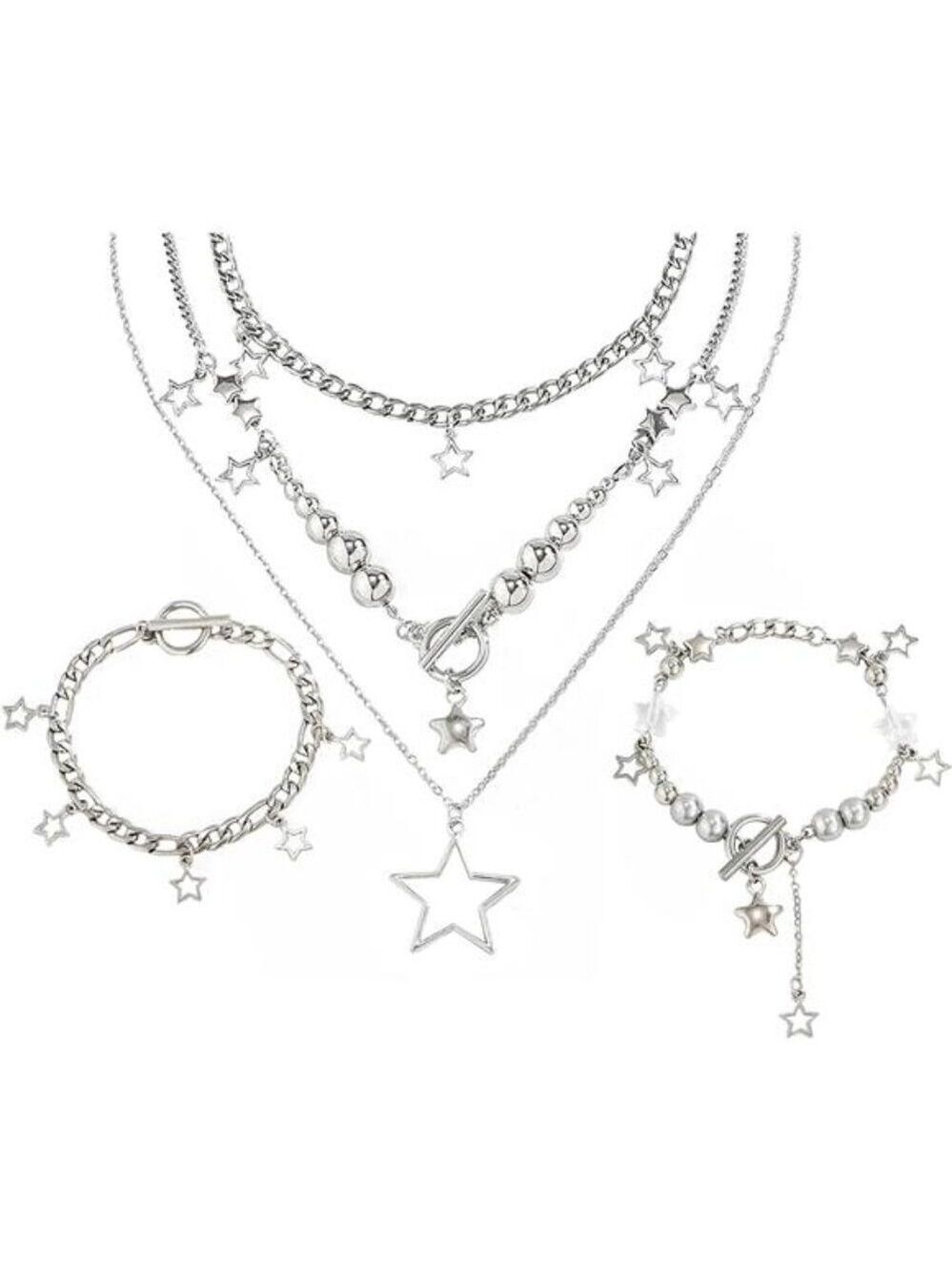 Silver Star Necklace Set Y2K Layered Chain Cute Kawaii Grunge Emo Jewelry